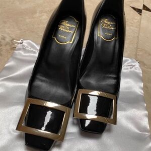 Roger Vivier Glossy Black Heels with Gold Buckle